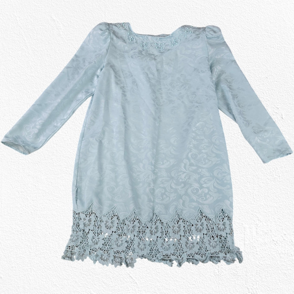 80s Vintage Light Blue Satin Floral Jacquard Lace Tunic Blouse Skirt Set Size 8 - Picture 8 of 14